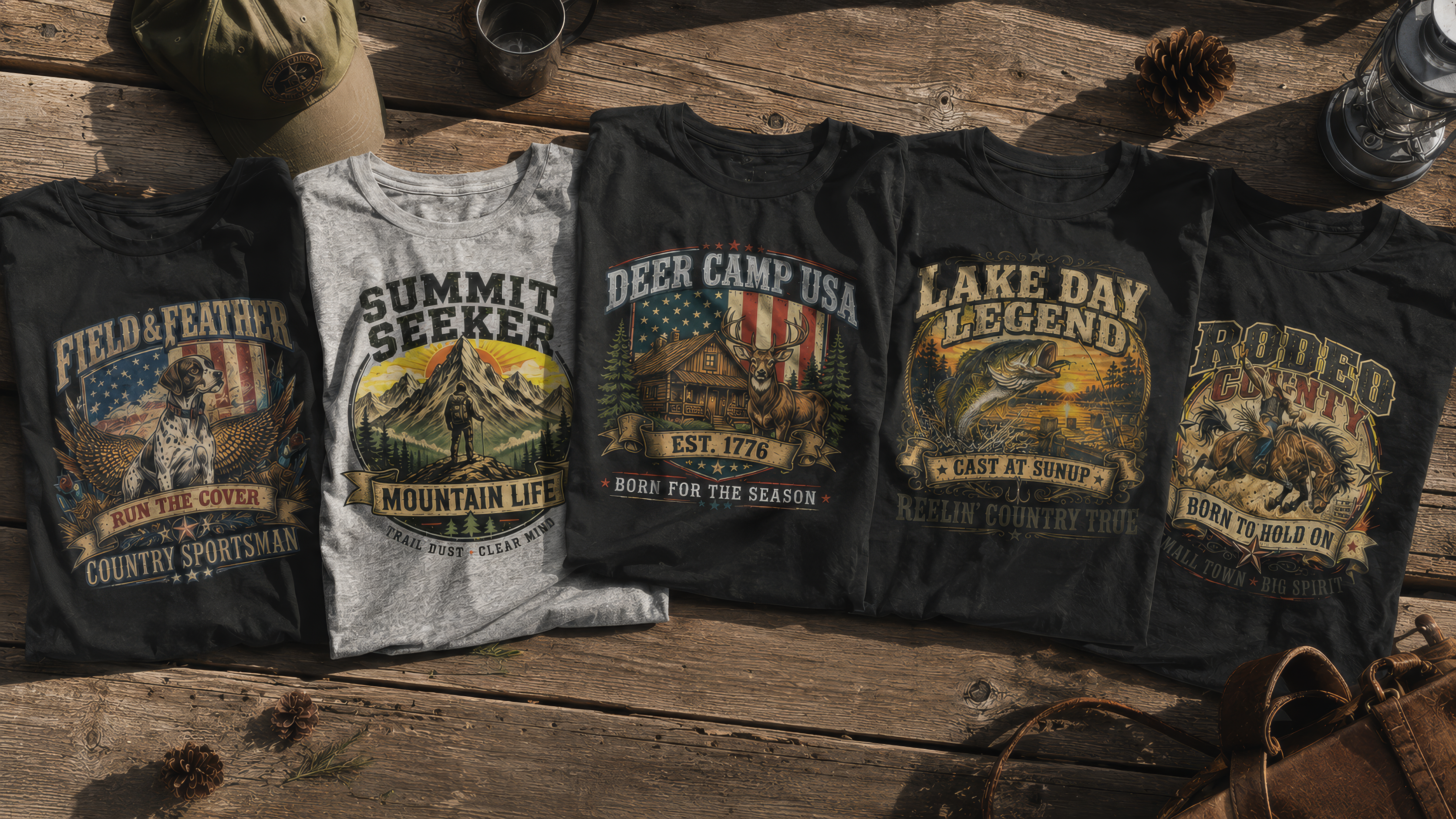 Collection of t-shirts with outdoor-themed graphics on a wooden surface.
